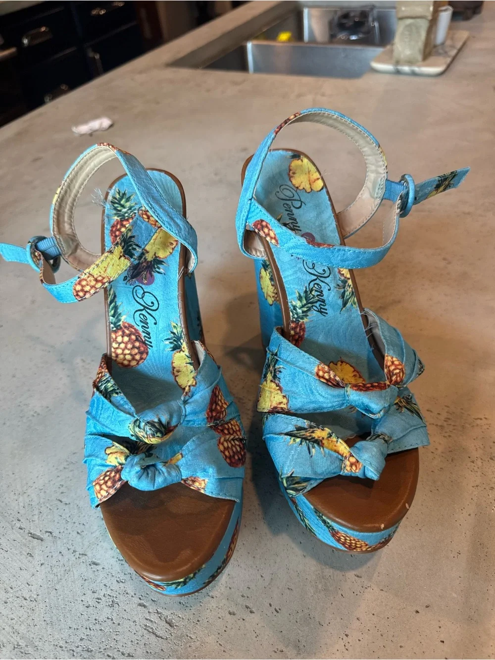 Penny Loves Kenny Turquoise Pineapple Block Heel Sandals